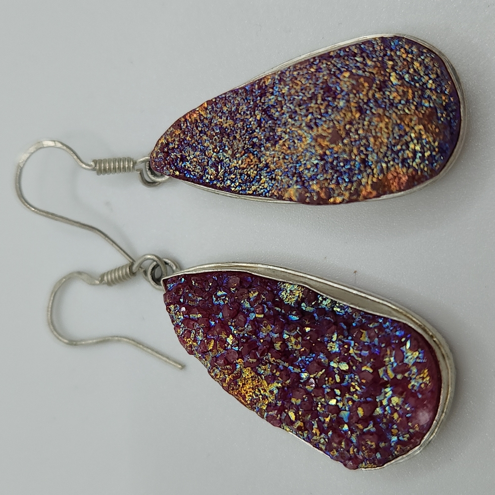 925 Silver Set Pink Druzy Crystal Earrings